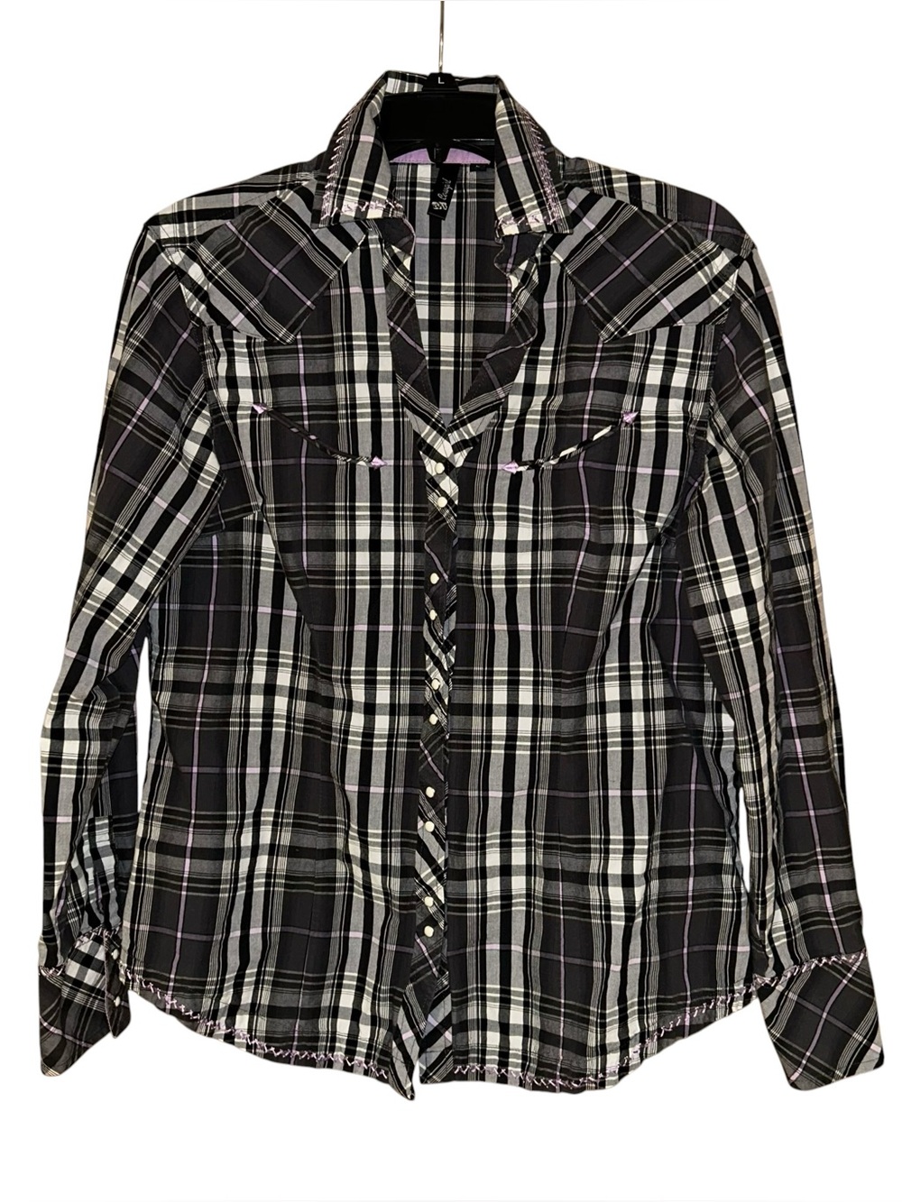 RU Cowgirl Western Plaid Pearl Snap Front Shirt Cotton Womens Large Black Purple